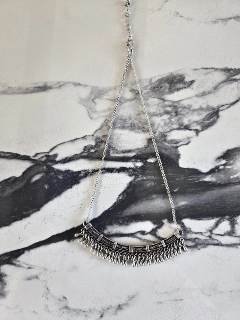 Boho Silver-Tone Bib Statement Necklace with Dangle Fringe